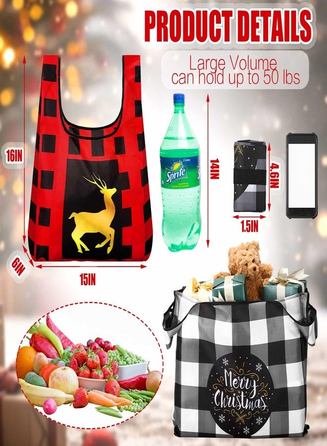 SilTriangle 12 Pack Buffalo Plaid Christmas Reusable Grocery Tote Bags Bulk Shopping Heavy Duty Foldable Christmas Gift Bags with Handles Large Holiday Gifts - Image 2